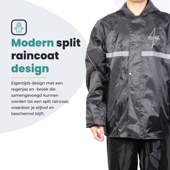 Een persoon draagt een zwart regenpak met capuchon en reflecterende strepen. De tekst "Modern split raincoat design" staat ernaast.