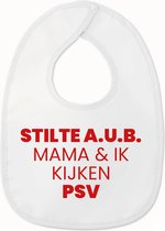 Slabbetje met tekst - Stilte AUB mama en ik kijken PSV - Wit/Rood | 100% katoen - Incl. hoogwaardige Klittenband sluiting - Kraamcadeau - Babyshower - Slabber