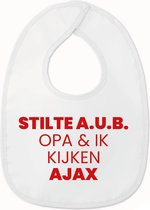 Slabbetje met tekst - Stilte AUB opa en ik kijken Ajax - Wit/rood | 100% katoen - Incl. hoogwaardige Klittenband sluiting - Kraamcadeau - Babyshower - Slabber