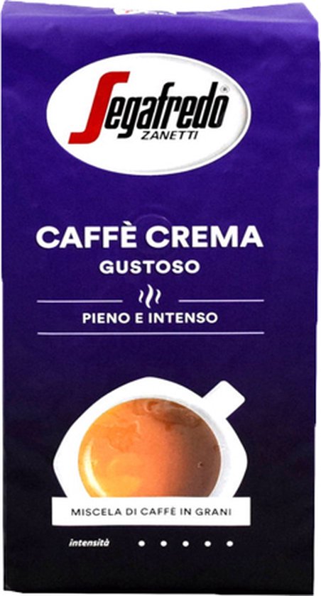 Paars Segafredo Caffè Crema Gustoso pak koffiebonen met afbeelding van kopje koffie.