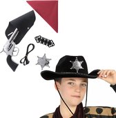 Set de déguisement de carnaval - Chapeau de cowboy noir avec étui/revolver/étoile/mouchoir - pour enfants