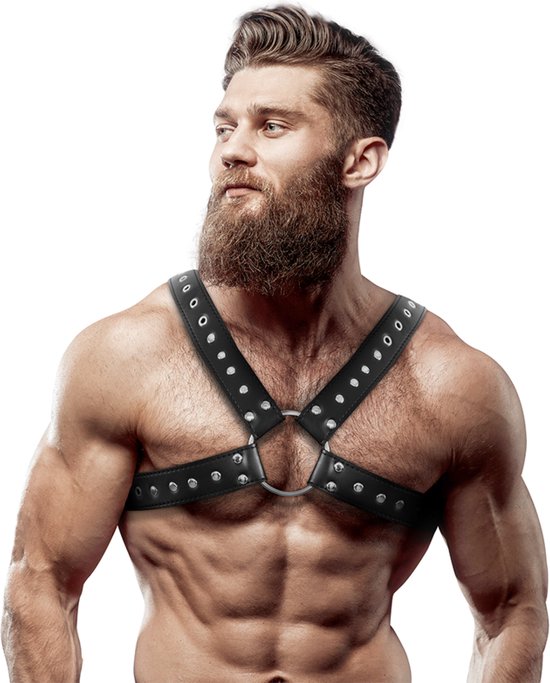 FETISH SUBMISSIVE ATTITUDE - MEN'S CROSS-OVER ECO-LEATHER CHEST HARNESS WITH STUDS | BONDAGE | BDSM | FETISH ACCESSORIES | CHEST HARNESS