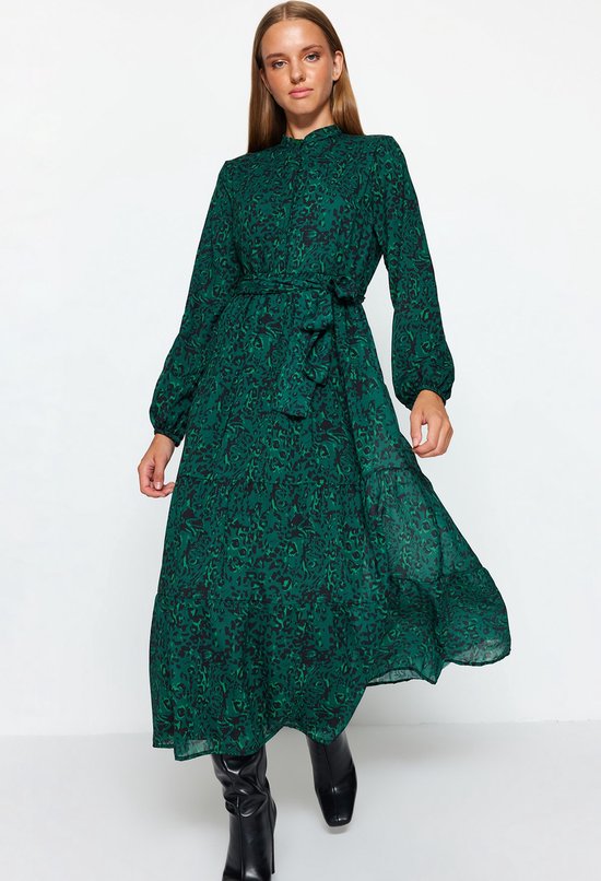 Trendyol femmes manches Standard col montant robe en mousseline tissée de Basis avec motif vert foncé et ceinture TCTSS21EL3346