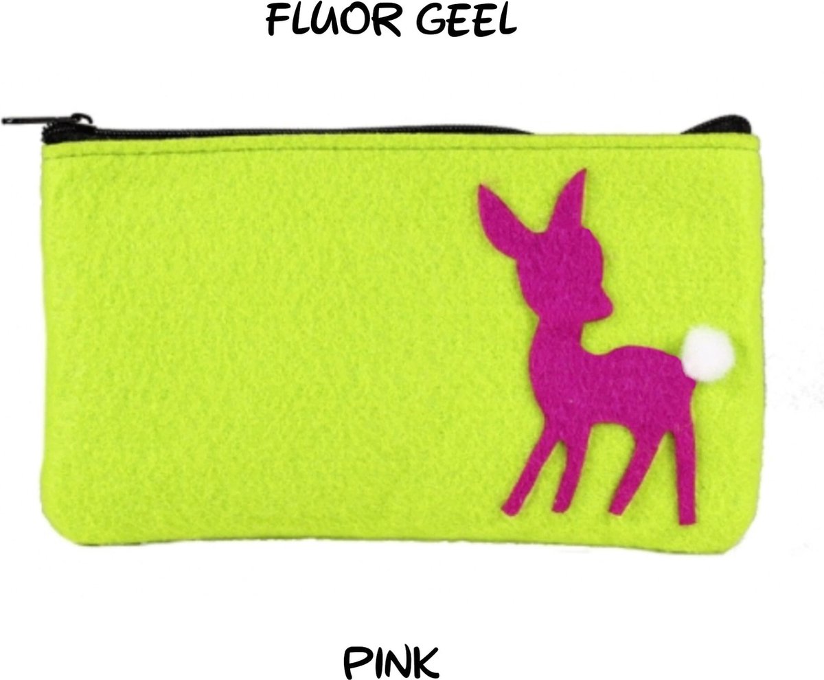 Huiscollectie - My Little Nature - Make Up tasje / pennen etui / toilet tasje - Hertje Bambi - Fluor Geel Pink Roze - 18,5 x 10,5 x 1 cm - kinderen tieners volwassen - casual