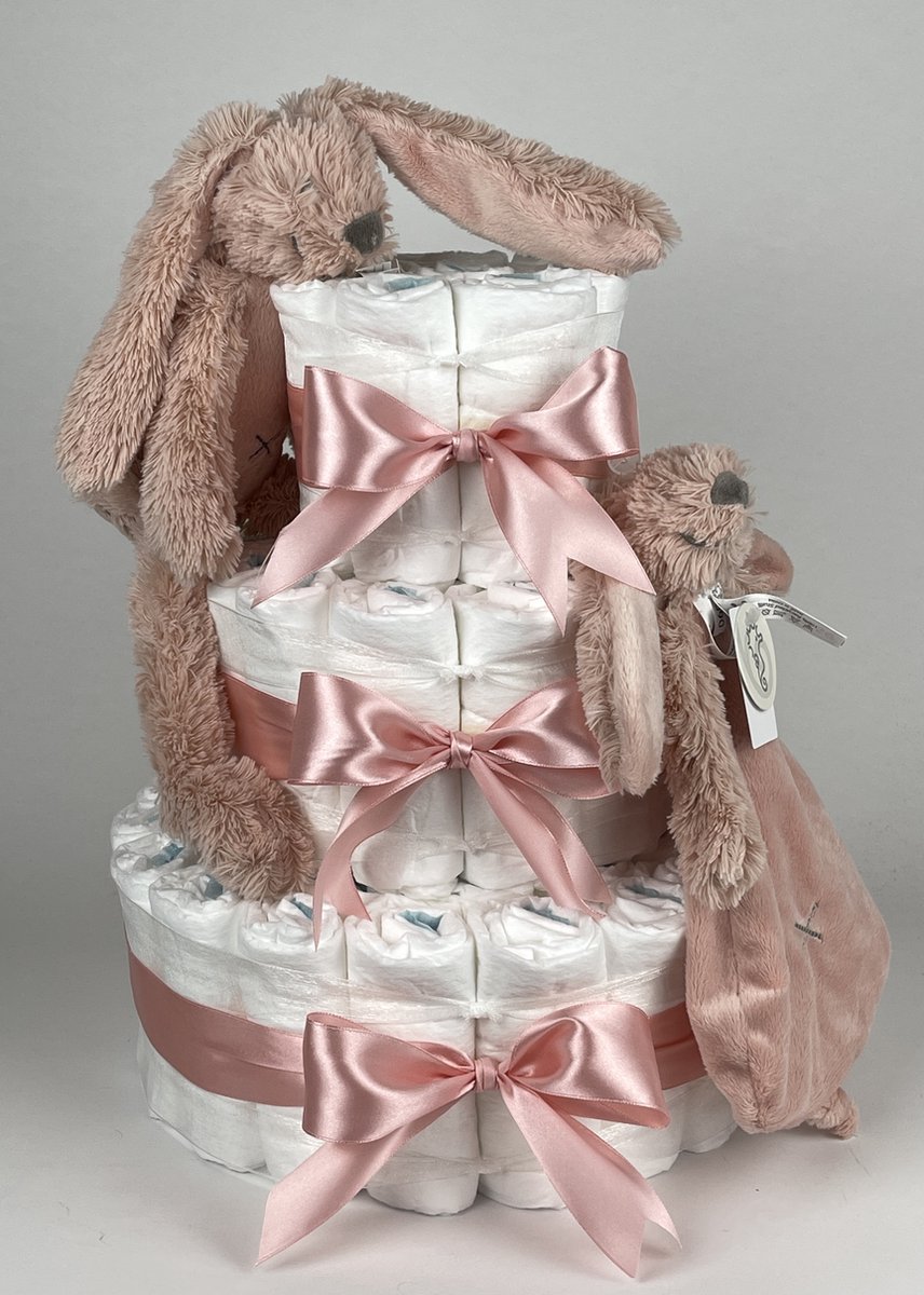 Goedkoopste Chouette-Chouette | Luiertaart Meisje | Kraamcadeau | Geboorte Meisje | Babyshower | Konijn Richie Old Pink - donker Poeder Roze