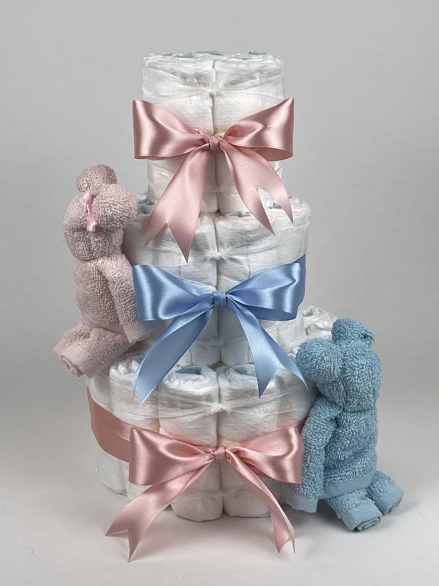 Goedkoopste Chouette-Chouette | Luiertaart Tweeling | Kraamcadeau | Geboorte Jongen Meisje | Babyshower | Beren Blush roze - donker Poeder Roze - licht Blauw