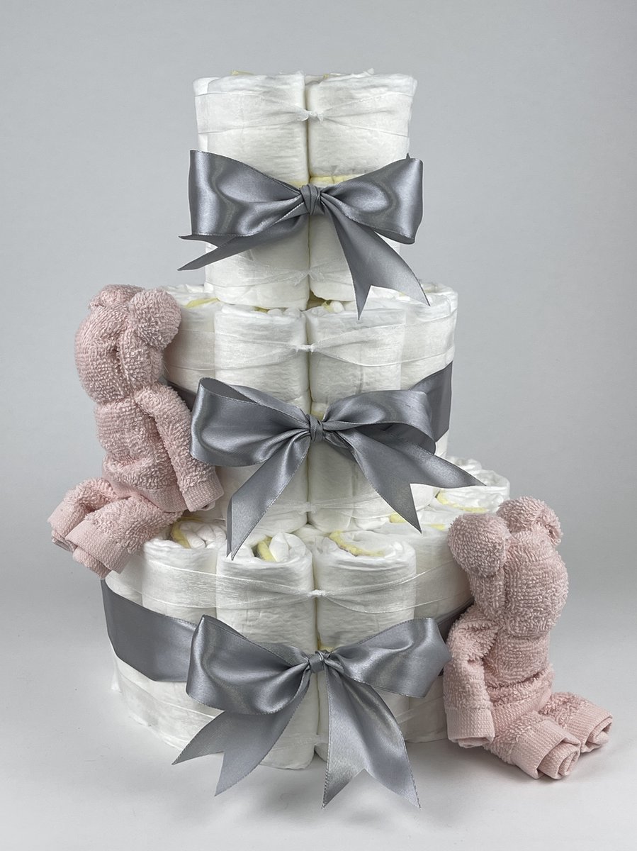 Chouette-Chouette | Luiertaart Meisje | Kraamcadeau | Geboorte Meisje | Babyshower | Beren Blush roze - Grijs
