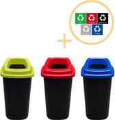 Plafor Sort Bin Prullenbak voor afvalscheiding - 28L – Set van 3, Blauw/Groen/Rood - Inclusief 5-delige Stickerset - Afvalbak voor gemakkelijk Afval Scheiden en Recycling - Afvalemmer - Vuilnisbak voor Huishouden, Keuken en Kantoor - Afvalbakken