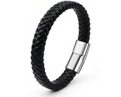 Armband Heren - Zwart Leer met Stalen Sluiting - Leren Armbanden - Vaderdag Cadeau Geschenk - Mannen Cadeautjes Accesoires