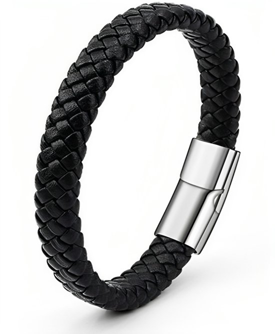 Armband Heren - Zwart Leer met Stalen Sluiting - Leren Armbanden - Cadeau voor Man - Mannen Cadeautjes