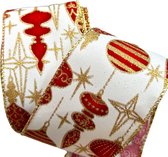 Kerst Lint met IJzerdraad | Linnen Look Lint | Luxe Weefband 63mm (6,3cm) | Kerstballen Wit Rood Goud Glans | Linnen Band | Decoratielint | Stoffen Lint | Cadeaulint | Lengte: 3 Meter