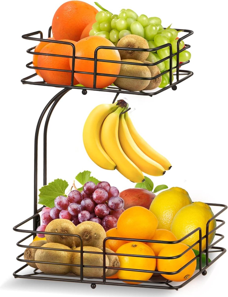 Fruitmand met 2 etages met bananenhouder, keuken, fruitschaal van metaal, afneembaar, staand, modern, decoratief groentemand, fruitmand