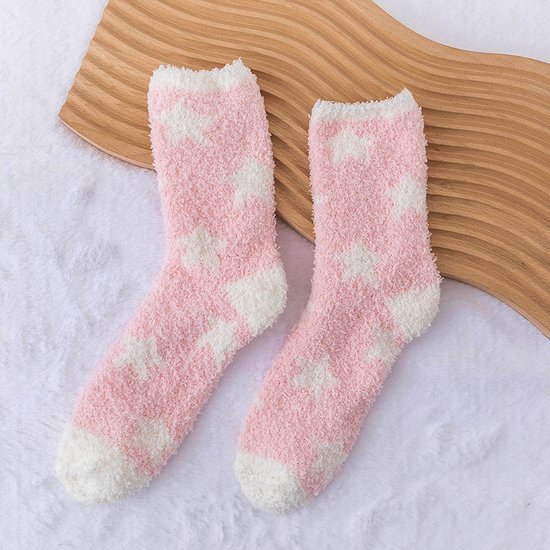 Fluffy sokken dames - warm - roze - zalm - leuke print sterren - 36-40 - huissokken - extra zacht - cadeau - voor haar