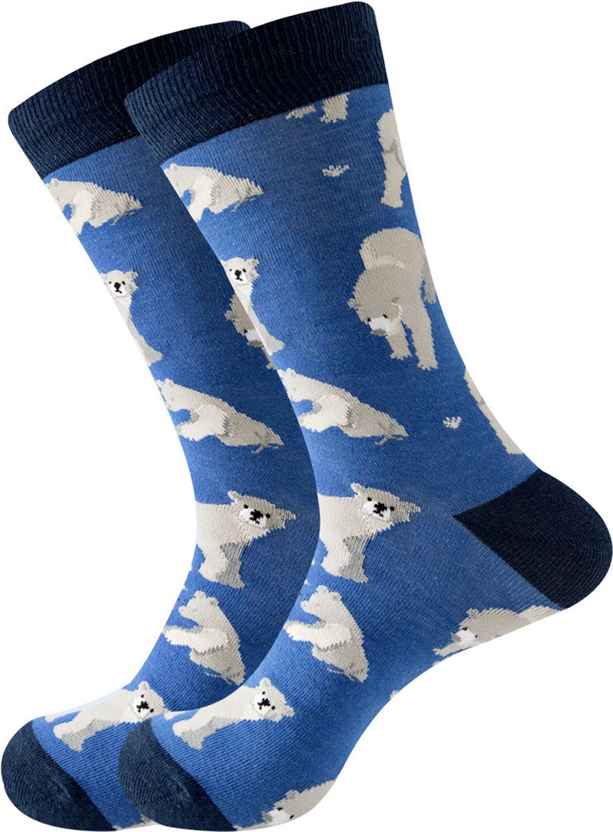 Heren sokken - blauw - grijs - leuke print beer - ijsbeer - zoo - 40 - 46 - cadeau voor hem - geschenk man - Kerst cadeau - gift