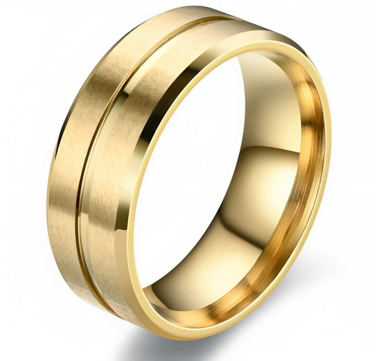 Heren Ring Goud kleurig met Gegraveerde Streep - Staal - Ringen - Papa Cadeau Voor Mannen - Vaderdag