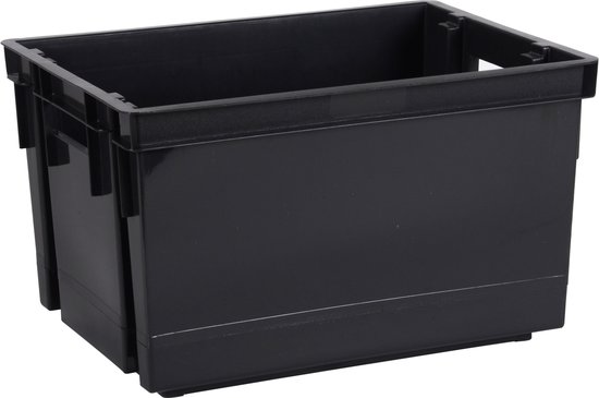 Zwarte kunststof opbergbox van 20 L met handgrepen, 39 x 29 x 23 cm.
