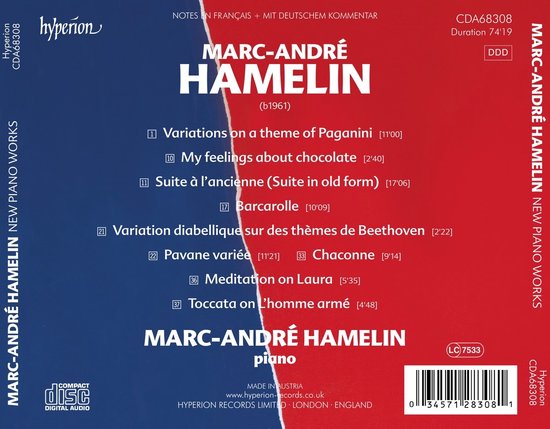Achterkant cd: blauw met witte tekst, titels van composities, barcode en Hyperion logo. Verticale tekst 'Marc-André Hamelin New Piano Works'.