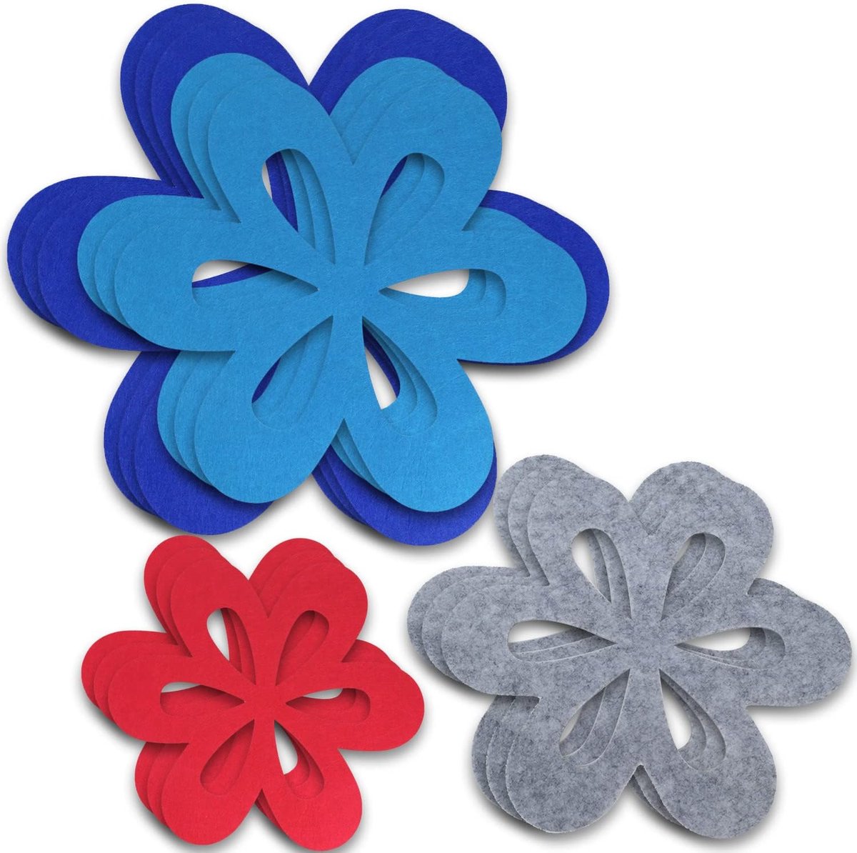 Pannenbeschermers van vilt 12 stuks bloemenvorm stapelbescherming 35 cm koningsblauw 25 cm hemelsblauw 20 cm zilvergrijs 15 cm rood voor pannen en schalen