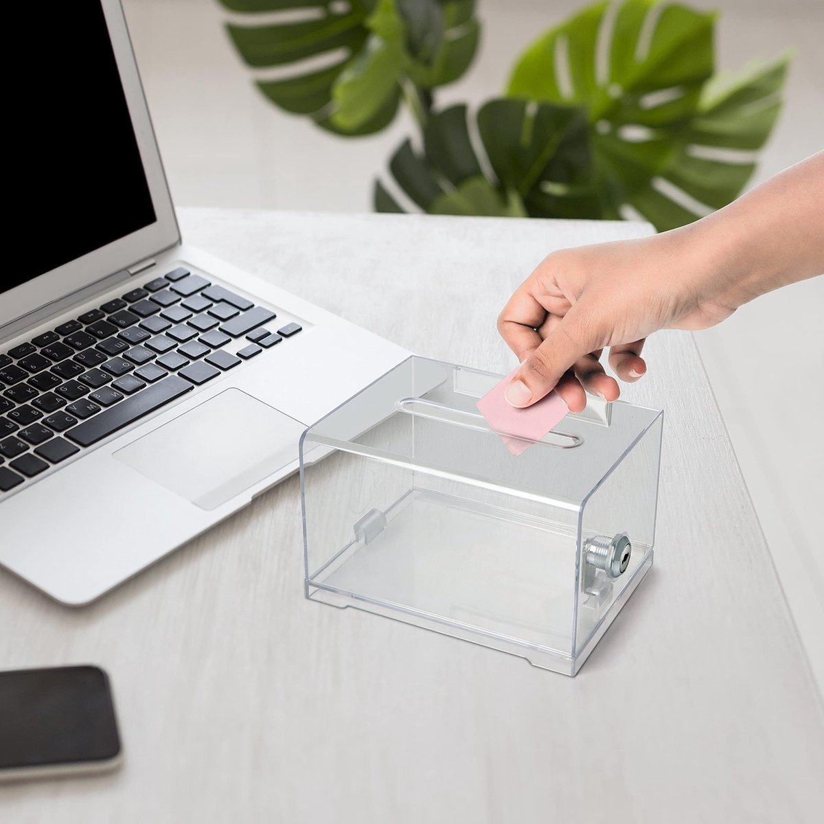 Uniclife Acryl donatie doos voor fondsenwerving, zwarte suggestie doos met sleuf en slot, plastic opslag container voor stemmen liefdadigheid commentaar collectie, 18,5 x 11,4 x 9,9 cm