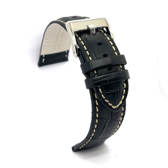 Bracelet Montre En Cuir Véritable Noir Effet Crocodile - Largeur 18 Mm, Boucle Argentée - Neuf
