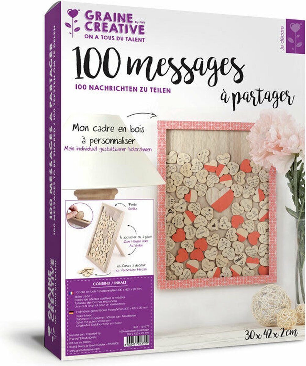 Graine Créative DIY-Kit 100 Gepersonaliseerde Berichten in Houten Frame hartjes