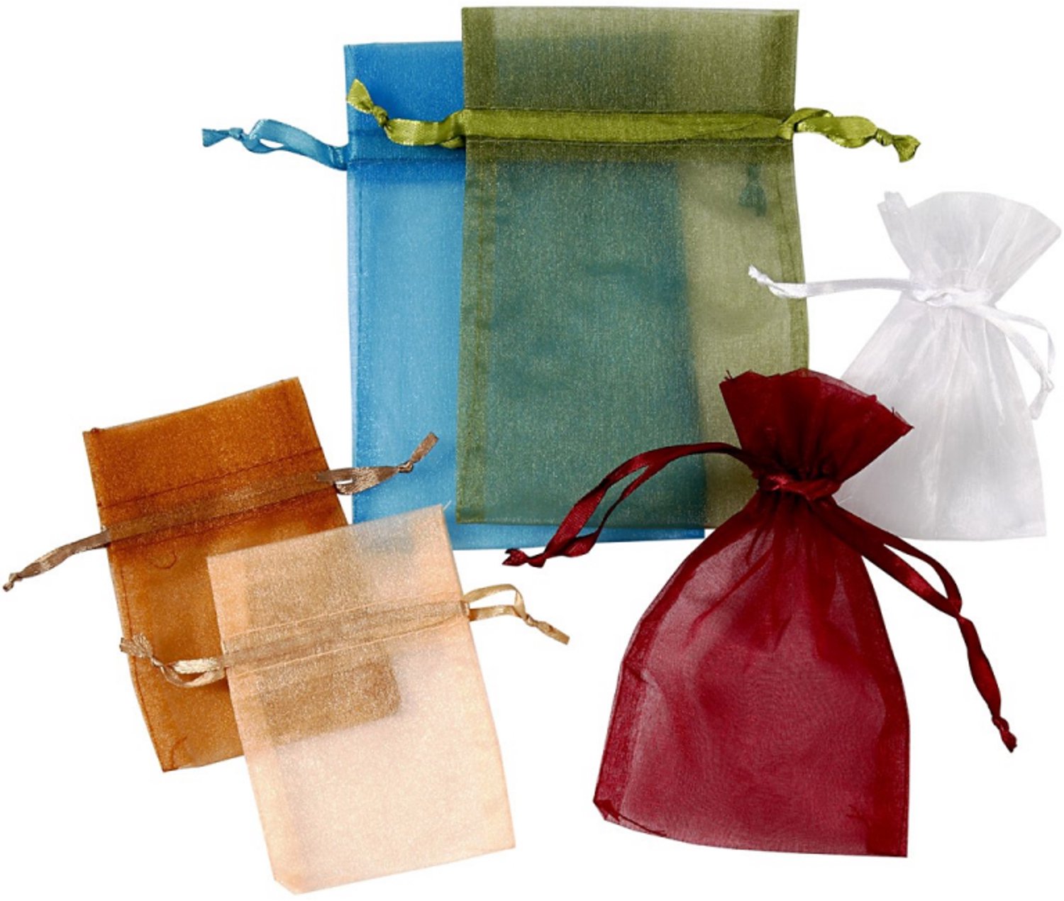 Organza zakjes, afm 7x10 cm, afm 10x15 cm, 30 stuks, diverse kleuren