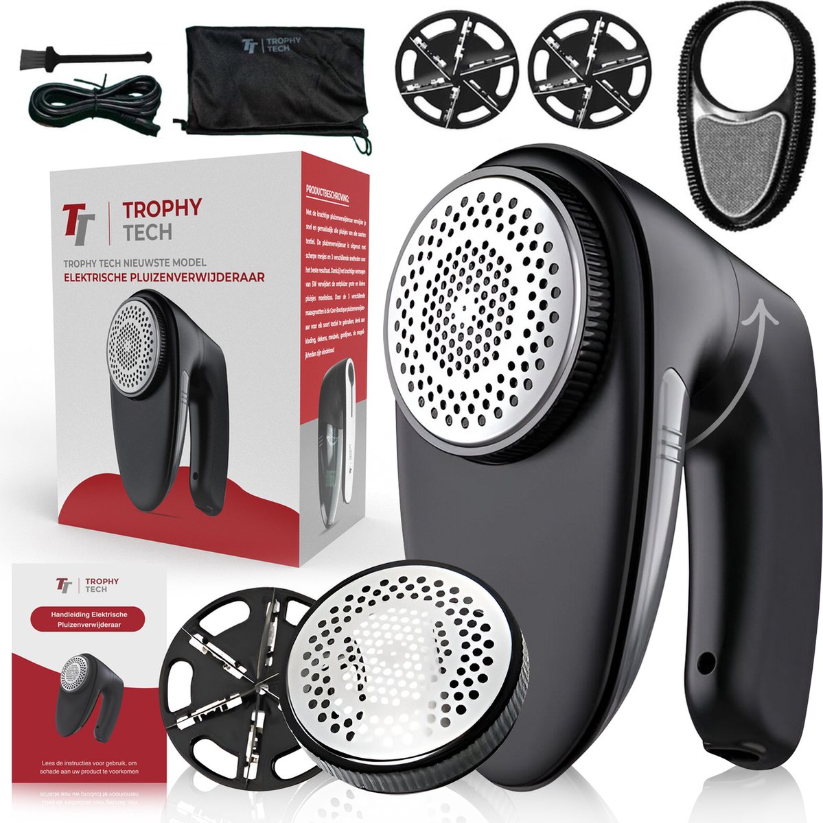 Bol.com Trophy tech® Elektrische Pluizenverwijderaar - Ontpluizer - Draadloos - Extra Opzetstukken - Zwart aanbieding