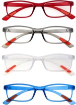 Amazotti Milano Leesbrillen Sterkte +3.00 - Set van 3+1 Extra - Rood , Grijs, Transparant - Leesbril voor Heren en Dames