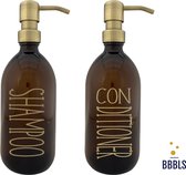 Set van 2 Hervulbare Zeepdispensers: Plastic flessen (500 ml) met Gouden Pomp en Gouden Tekst 'Shampoo conditioner