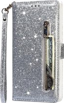 Glitter Bookcase Hoesje Geschikt voor: Samsung Galaxy A34 met rits - hoesje - portemonneehoesje - Zilver - ZT Accessoires
