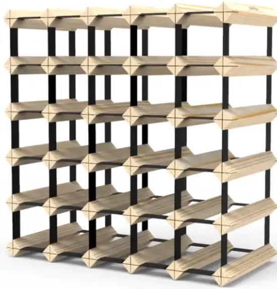 Een leeg houten en metalen wijnrek, gezien vanaf de voorkant.