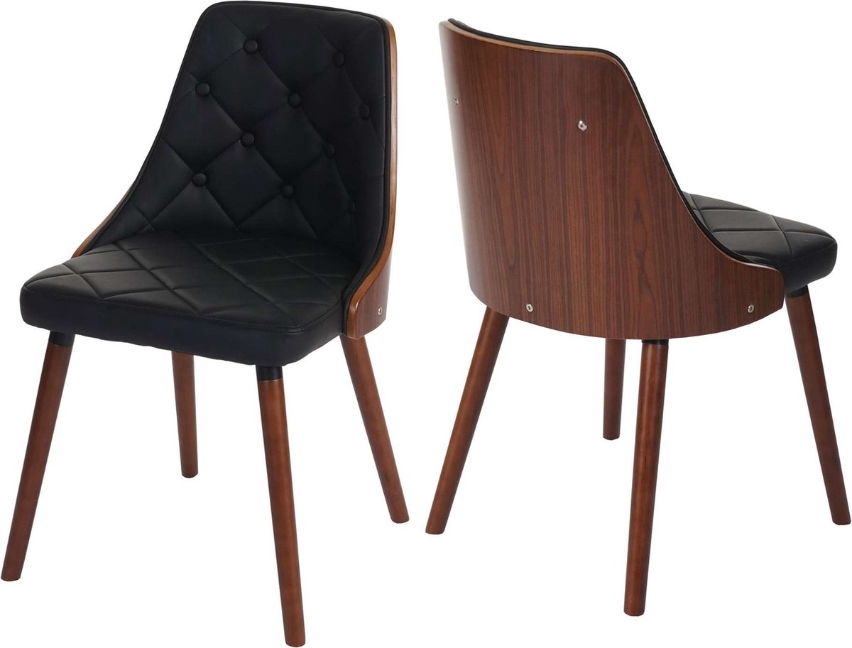 Cosmo Casa Set van 2 eetkamerstoelen - Bezoekersstoel - Keukenstoel - Gebogen houten uiterlijk in walnootkleur - Zwart kunstleer