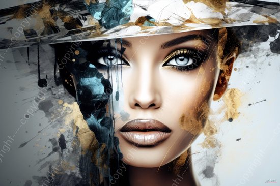 JJ-Art (Aluminium) 120x80 | Vrouw met blauwe ogen, hoed, abstract, kunst | mens, blauw, turquoise, grijs, bruin, goud, modern | foto-schilderij op dibond, metaal wanddecoratie
