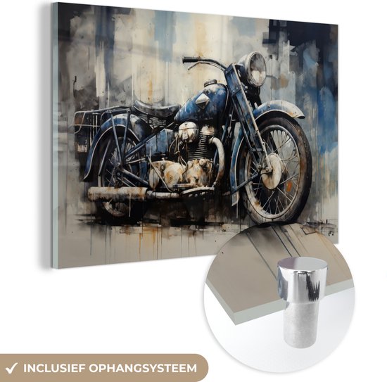 MuchoWow® Glasschilderij 150x100 cm - Schilderij glas - Motor - Bike - Pastel - Blauw - Wit - Foto op acrylglas - Schilderijen