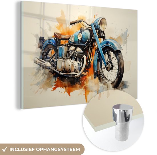 MuchoWow® Glasschilderij 150x100 cm - Schilderij glas - Motor - Bike - Retro - Graffiti - Blauw - Foto op acrylglas - Schilderijen