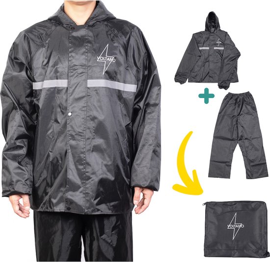 Voltano Regenpak Met Capuchon - Maat S - Zwart - Unisex - Inclusief Draagtas - Ademend - Reflectie - Waterdichte Rits - Verstelbare Mouwuiteinden