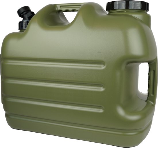 Groene jerrycan van 25L met handvat en kraantje, merk Faith Carp Tackle.