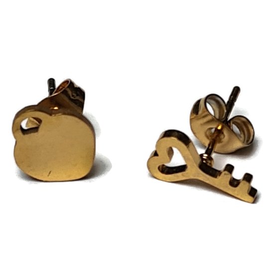 Aramat jewels ® - Zweerknopjes oorbellen sleutel met slotje goudkleurig chirurgisch staal 10mm
