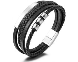 Armband Heren - Zwart Leer met Zilver kleurige Accenten - Dubbel Gevlochten - Leren Armbanden - Vaderdag Cadeau Geschenk - Mannen Cadeautjes Accesoires