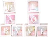 Acht doorzichtig letter ballon blokken Baby & Love wit met 48 pastelkleurige ballonnen - ballonblok - ballonbox - Love - Baby
