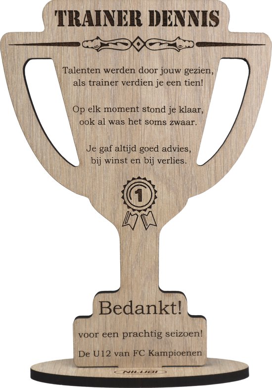 Beker trainer - bedankt coach - gepersonaliseerde houten wenskaart - kaart van hout om begeleider te bedanken met eigen naam en tekst