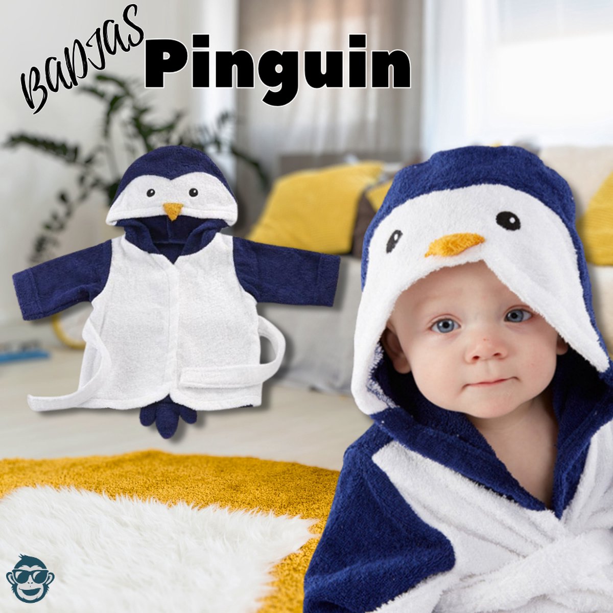 Dieren Badjas Prachtige Pinguïn | 0-12 maanden (0-1 jaar) |Baby / Peuter | BoefieBoef | ochtendjas | katoen | snel drogend | met capuchon | kraamcadeau | dierenbadjas | sinterklaas | vogel | dier | meisjes en jongens | blauw wit