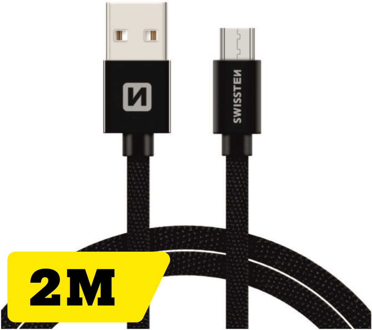 Swissten Gevlochten Micro-USB naar USB kabel - 2M - Zwart
