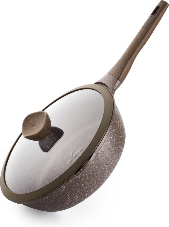 Just perfecto wokpan met deksel - 28 cm - wokpan inductie pan met anti-aanbaklaag - diepe braadpan voor alle warmtebronnen, inclusief inductie - pfoa pfas vrij - softtouch koudgreep - marmeren coating - wokpan - bruin