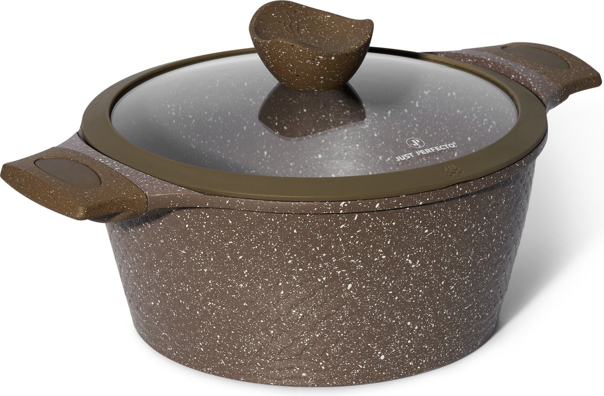 Just Perfecto - Braadpan Met Deksel 24 cm - Softtouch Koudgreep - Sudderpan geschikt Voor Alle Warmtebronnen - Braadpan Inductie Keramisch Coating Braadpan - Casserole Met Anti-aanbaklaag Non-Stick - Vaatwasserbestendig - Bakpan - Bruin