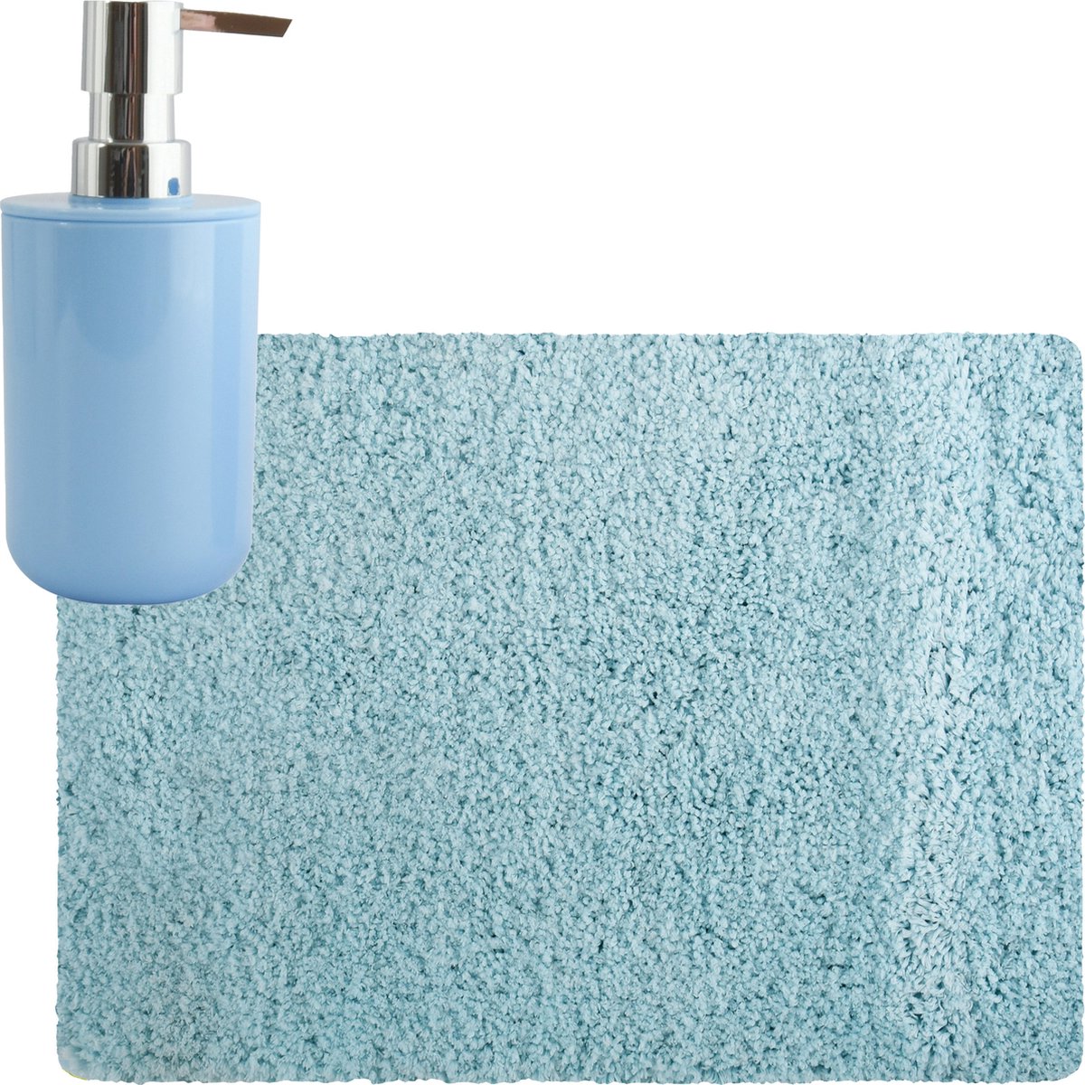 MSV badkamer droogloop tapijt matje Langharig 50 x 70 cm inclusief zeeppompje in dezelfde kleur lichtblauw