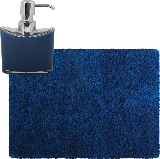 MSV badkamer droogloop tapijt - Langharig - 50 x 70 cm - incl zeeppompje 260 ml - donkerblauw