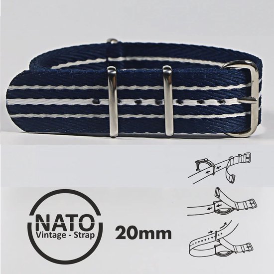 Stijlvolle 20mm Premium Nato Blauw Wit gestreept Horlogeband: Ontdek de Vintage Look! Perfect voor Mannen, uit onze Exclusieve Nato Strap Collectie!