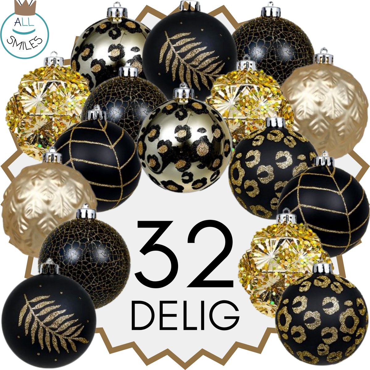 Kerstballen - 32 Delige Set - Kerstversiering - Goud - Zwart - Verschillende Afwerkingen - Kerstboom Kerstballen - Voor in de kerstboom
