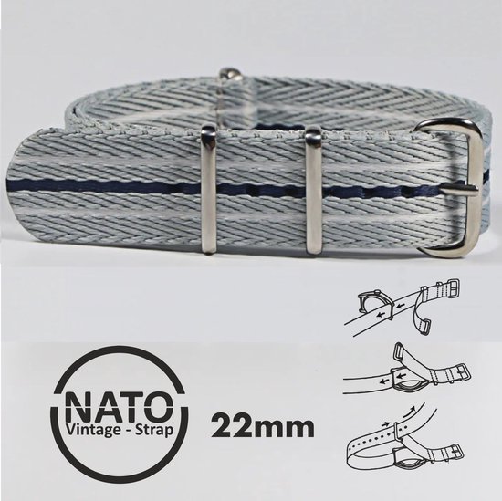 Bracelet de montre Premium à rayures Grijs Nato de 22 mm : découvrez le Look Vintage ! Perfect pour les hommes, de notre collection exclusive de bracelets Nato !